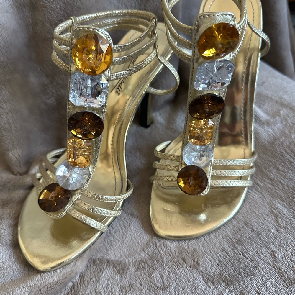 Anne Michelle Gold Heels with Gem Embellishments